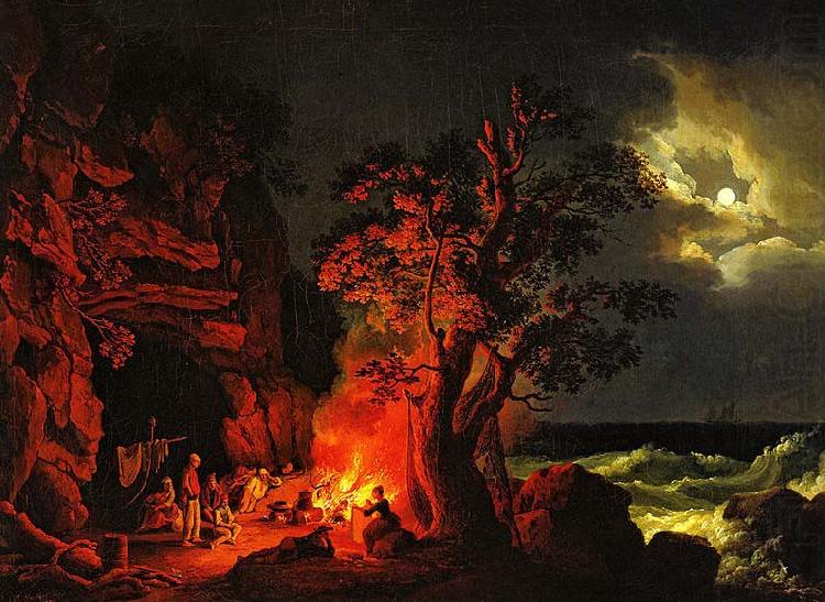 Fischerfamilie am nachtlichen Lagerfeuer mit aufgewuhlten Meer, Jacob Philipp Hackert